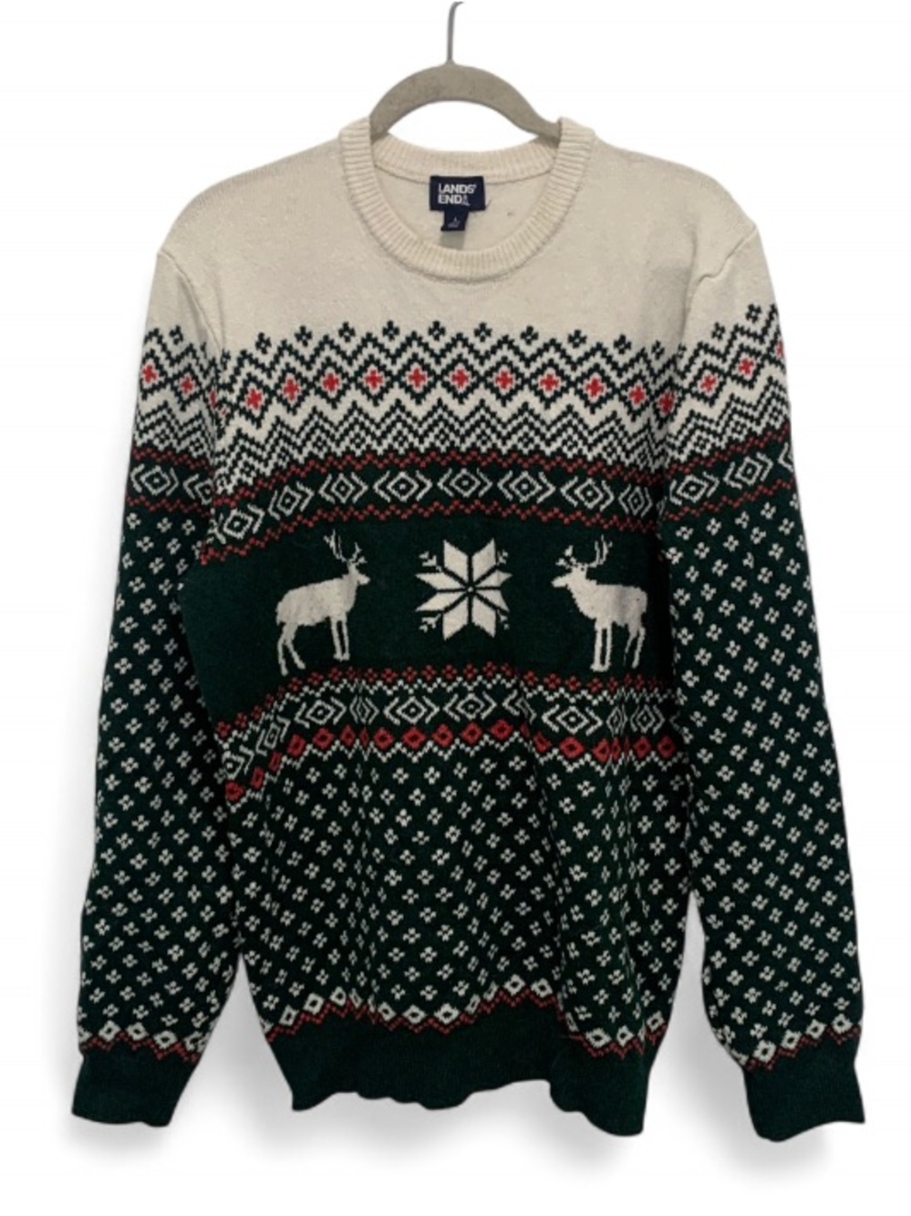 Lands' End Green, Cream & Red Fair Isle Reindeer Crewneck Sweater - Men